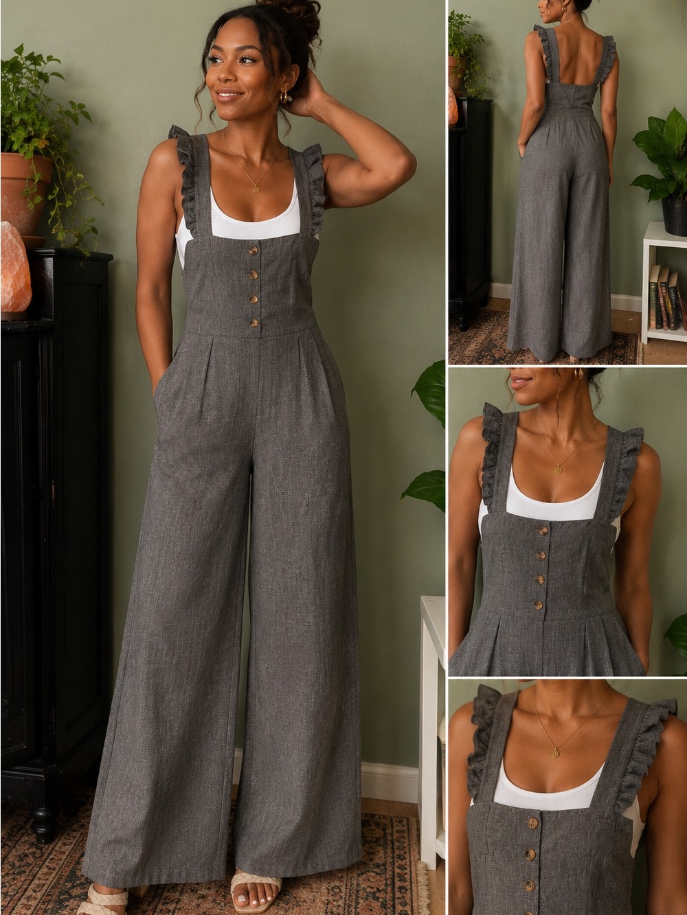 SHEIN Charcoal Gray Wide-Leg Ruffle-Strap Jumpsuit